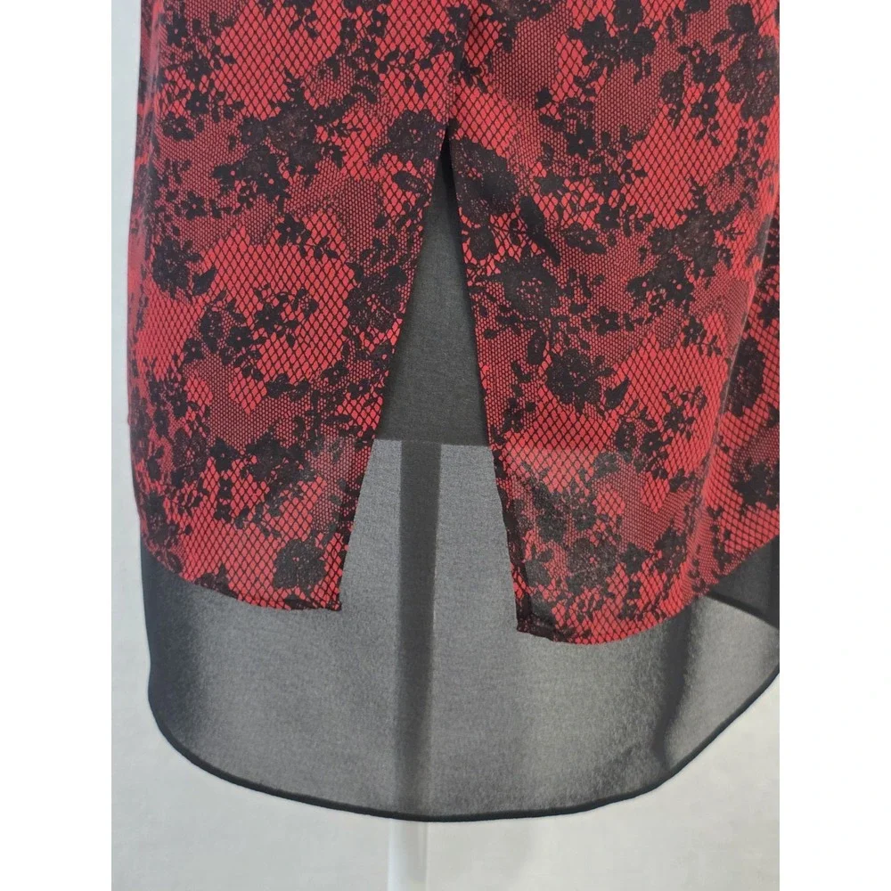 Michael Kors Layered Chiffon Blouse Womens PL Red Black Floral Mesh Split Back